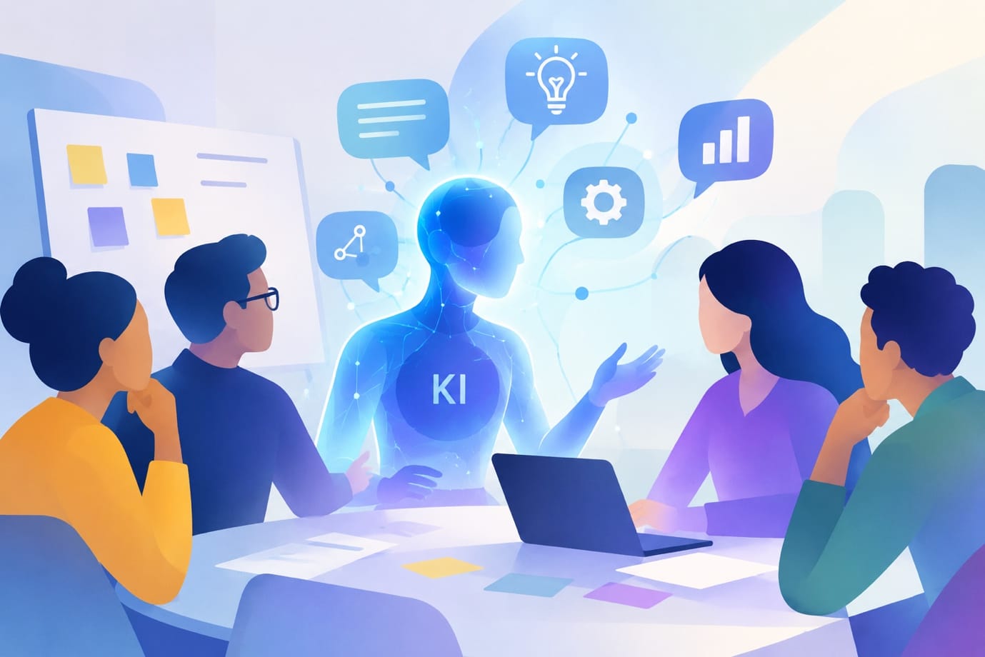 Illustration: Vier Personen sitzen an einem Tisch mit Laptop und Notizzetteln um eine leuchtend blaue, menschenähnliche Figur mit der Aufschrift „KI“; darüber schweben Sprechblasen mit Symbolen für Text, Idee, Einstellungen, Netzwerk und Diagramm.
